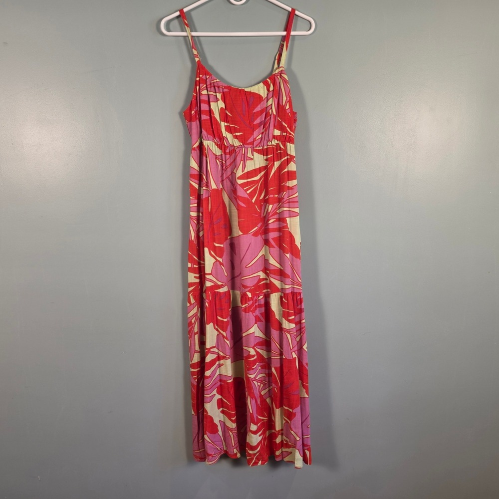 Sanctuary Tropical Leaf Maxi Dress Red Pink Lime Green Smocked Back L CD1802BV8